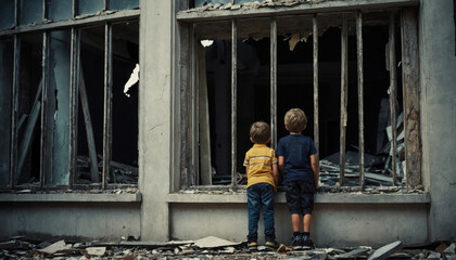 Children alone looking from broken window on a destroyed by war city