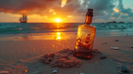 Bottle on Beach: Pirate Ship, Ocean, Dramatic Sky - obrazy, fototapety, plakaty