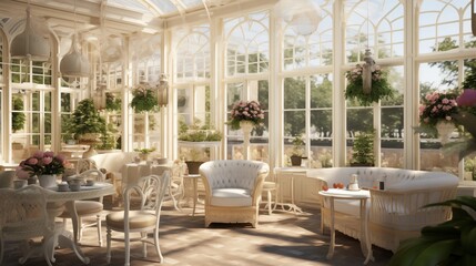 Light-filled conservatory tea room with walls of glass integrated garden planters retractable shades and wicker furnishings.