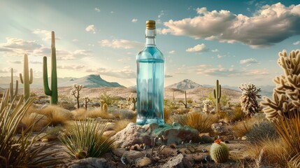A bottle of water is placed in the middle of a dry desert landscape, surrounded by sand and desert plants - obrazy, fototapety, plakaty