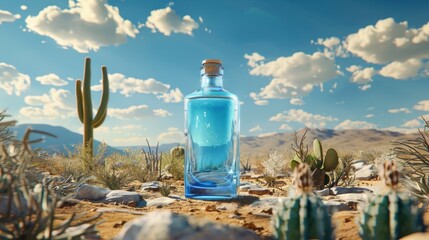 A bottle of water sits in the center of a vast desert landscape, under the scorching sun. The clear blue skies and dry arid land create a stark contrast