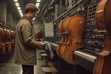 Musician Drying Orchestral Scores in Industrial 'Concert Factory' - obrazy, fototapety, plakaty