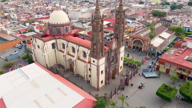 Drone shot of Zamora Cathedral in daytime in Zamora city, State of Michoacan, Mexico
