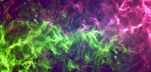 Intricate patterns of neon green and magenta smoke forming an abstract spectacle. Copy space on blank labels.