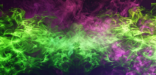 Fototapeta na wymiar Intricate patterns of neon green and magenta smoke forming an abstract spectacle. Copy space on blank labels.