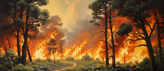 A serene path winding through a vibrant painting depicting a raging forest fire, showcasing the contrast between destruction and tranquility
