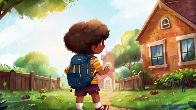 Fantasy african american girl with backpack walks through yard of house to school, back view. Academic year and compulsory education.