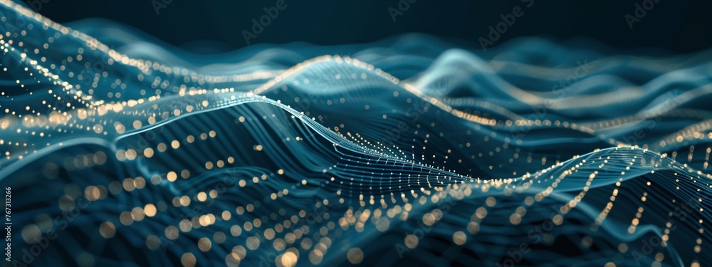 Poster abstract blue background with wave of dots and weave lines, exploring cyberspace, big data, metavers