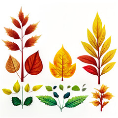 Natural autumn  fall forest or garden design elements isolated over a transparent background, colorful red, green, orange, and yellow leaves, cut-out nature elements. Generative AI