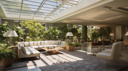 Fototapeta premium Light-filled modern conservatory lounge with glass atrium ceilings integrated fountains lush garden plantings and pebble walkways.