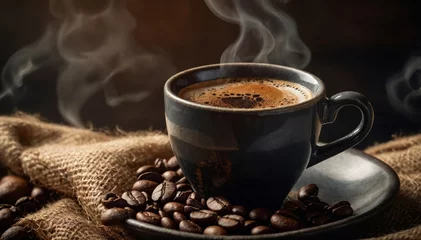  Cup of hot coffee with smoke above cup and coffee beans on the table © Mystery