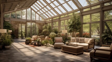 Light-filled modern conservatory lounge with glass atrium ceilings integrated fountains lush garden plantings and pebble walkways. - obrazy, fototapety, plakaty