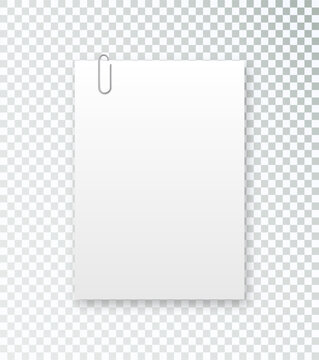 Blank paper sheet in A4 format on transparent background. Notebook page, document with steel paper clip. Vector realistic
