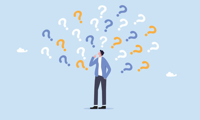 Ask questions, FAQ, problem or curiosity, doubt and confusion to be answer, challenge and uncertainty, unknown information or solution concept, contemplation businessman thinking with question marks.