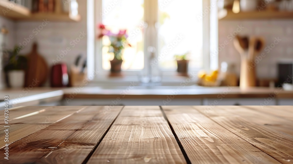 Poster close-up of a wooden table in front of a blurred kitchen bench, emphasizing the empty surface and th