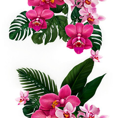 Pink rose and tropical orchid flowers with green leaves floral arrangement nature wedding backdrop. Generative AI