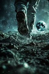 Embark on a celestial adventure with a closeup encounter of a football players foot, its focus unwavering as it prepares to kick the ball towards the moon