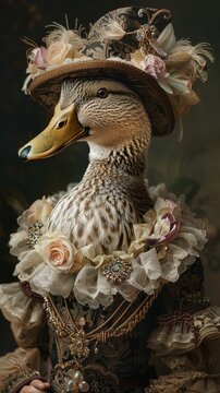 Charming duck in opulent Victorian attire, captured in art , High detail, High resolution,