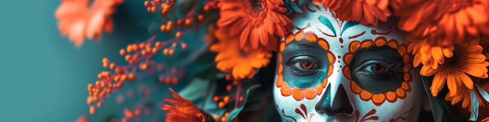 Portrait of a woman adorned with traditional Day of the Dead makeup, surrounded by orange marigolds against a turquoise background