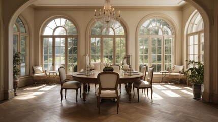 Light-filled oval chateau breakfast room with custom arched windows inlaid herringbone floors plaster barrel vaulted ceiling and chandelier above.
