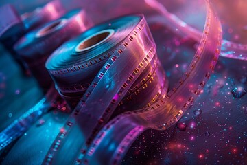 Step into the enchanting world of cinema with a closeup view of a retro film roll, its pastel colors evoking a sense of nostalgia and wonder - obrazy, fototapety, plakaty
