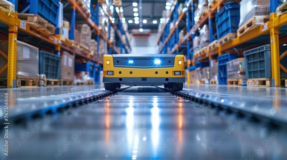 Poster automated logistics with agv in warehouse transport showcasing the efficiency of guided vehicle tech