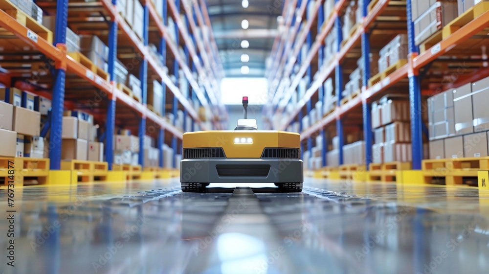 Poster agv technology in warehouse logistics and transport highlighting the automated guided vehicle system