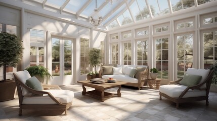 Light-filled sunroom solarium with vaulted glass ceilings seamless indoor/outdoor flow and stone floors. - obrazy, fototapety, plakaty