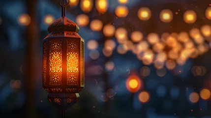 Foto op Plexiglas Vintage Ramadan lantern with a night background, a symbol of traditional Islamic celebration and contemplative atmosphere. © NE97