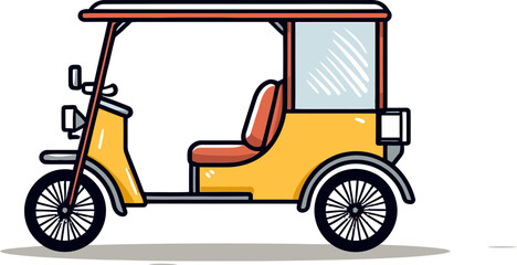 Vector Drawing of Rickshaw Passing Through Traditional Asian Town