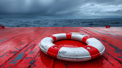 Red and white lifebuoy on a boat deck with a dramatic overcast sky and ocean backdrop.