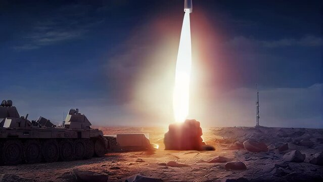 A missile defense system made up of anti-missile radars that intercepts and destroys attacking missiles in the sky. An air defence shield against intercontinental nuclear missiles. AI-generated.