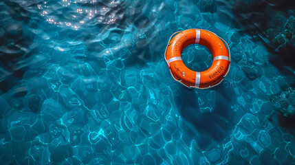 Orange lifebuoy floating on the rippling blue water of a swimming pool, symbolizing safety and rescue. - Powered by Adobe