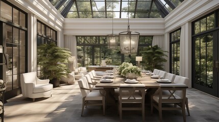 Obraz premium Light-filled two-story sunroom with fully retractable glass walls and open-air entertaining/dining space.