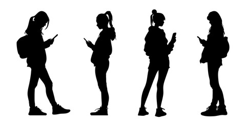 Vector silhouette of a girl using a mobile phone on a white background.