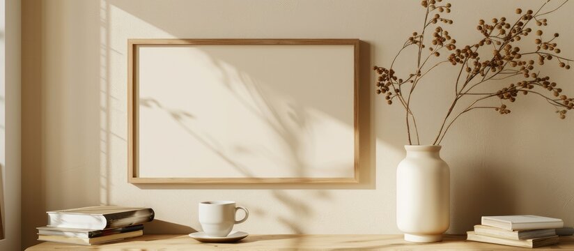 Wooden picture frame mockup on beige wall, boho vase with dried flowers on the table, coffee cup and old books in a home office workspace showcasing modern interior design with art and posters.