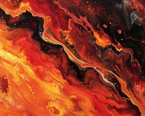Abstract canvas painting blending fiery oranges and reds with a shimmering - obrazy, fototapety, plakaty