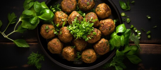 A dish of meatballs and leafy greens, a delectable combination of ingredients and flavors. A...