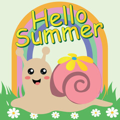 Hello summer. Summer cartoon background, banner, poster with summer flowers and cute smilling snail character and rainbow.  Modern trendy colorful design. Template for advertising, web, social media.
