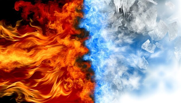 Fire and ice elements blending in abstract design - This abstract image showcases a powerful blend of fire and ice elements, with swirling flames meeting sharp ice crystals