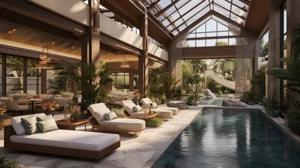Fototapeten Luxe resort-style indoor/outdoor pool pavilion with fully retractable glass walls soaring ceilings waterfall features and lush landscaping. © Aeman