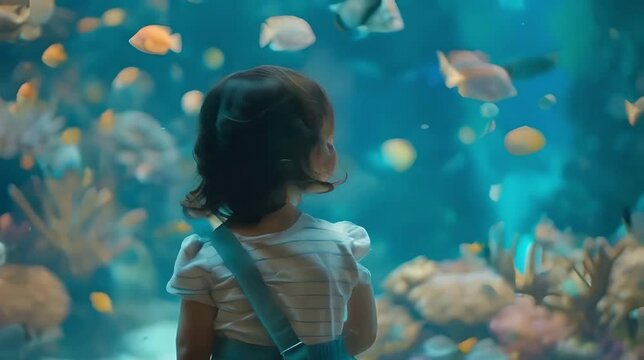 A little girl standing in front of a huge aquarium marveling at the beautiful fish