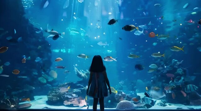 A little girl standing in front of a huge aquarium marveling at the beautiful fish