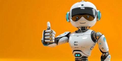 A robot wearing headphones is seen in the image, enthusiastically giving a thumbs up gesture - obrazy, fototapety, plakaty