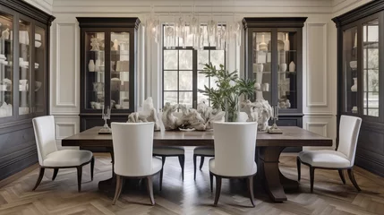 Fototapeten Luxe transitional estate dining room with herringbone hardwood floors built-in china cabinets and chic modern chandeliers. © Aeman