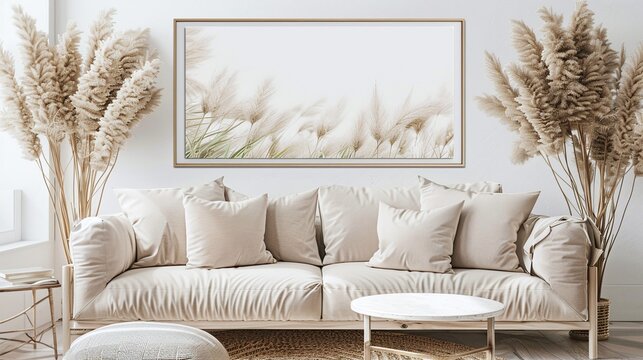 blank horizontal poster frame mockup displayed in a modern living room interior with beige sofa and pampas grass, perfect for showcasing contemporary style and elegant decor