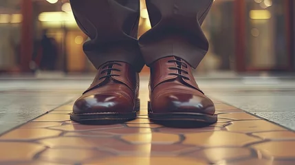 Fotobehang Close-up shot of a businessman's leather shoes as he confidently strides forward, symbolizing ambition and success. © pvl0707