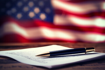 American Flag Behind Pen and Handwritten Document