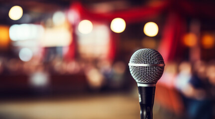 Microphone on Stage with Blurred Audience Background - obrazy, fototapety, plakaty