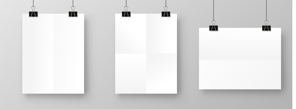 A4 paper page blank posters hanging on paper clip with realistic shadow. Realistic concept gallery vector mockup. Vector EPS 10